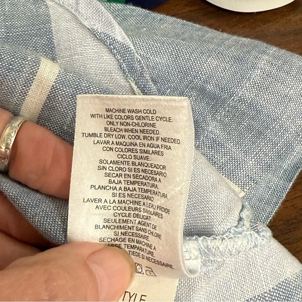 Ellen Tracy Linen Striped Tunic Top L Blue White Zip Front 3/4 Sleeve Summer - Picture 9 of 10